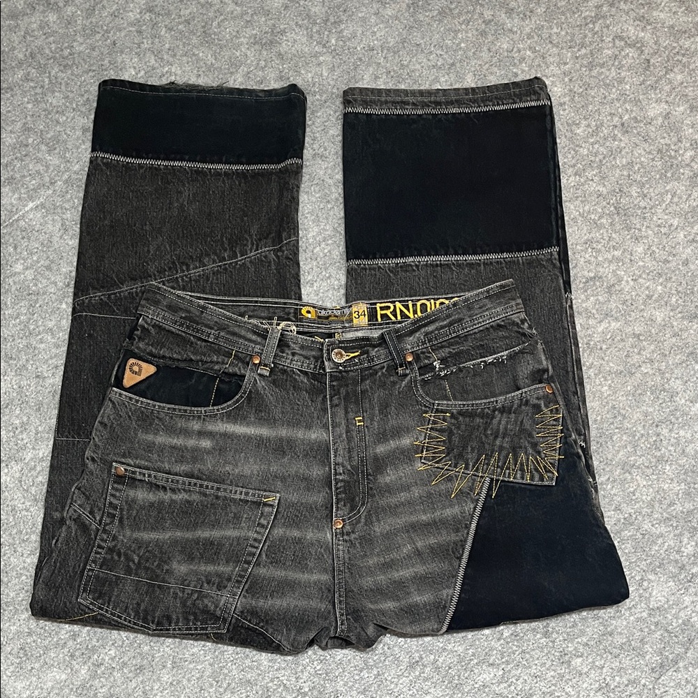 Men’s Akademiks Black and Grey Contrast Stitch Patchwork Denim Jeans Streetwear